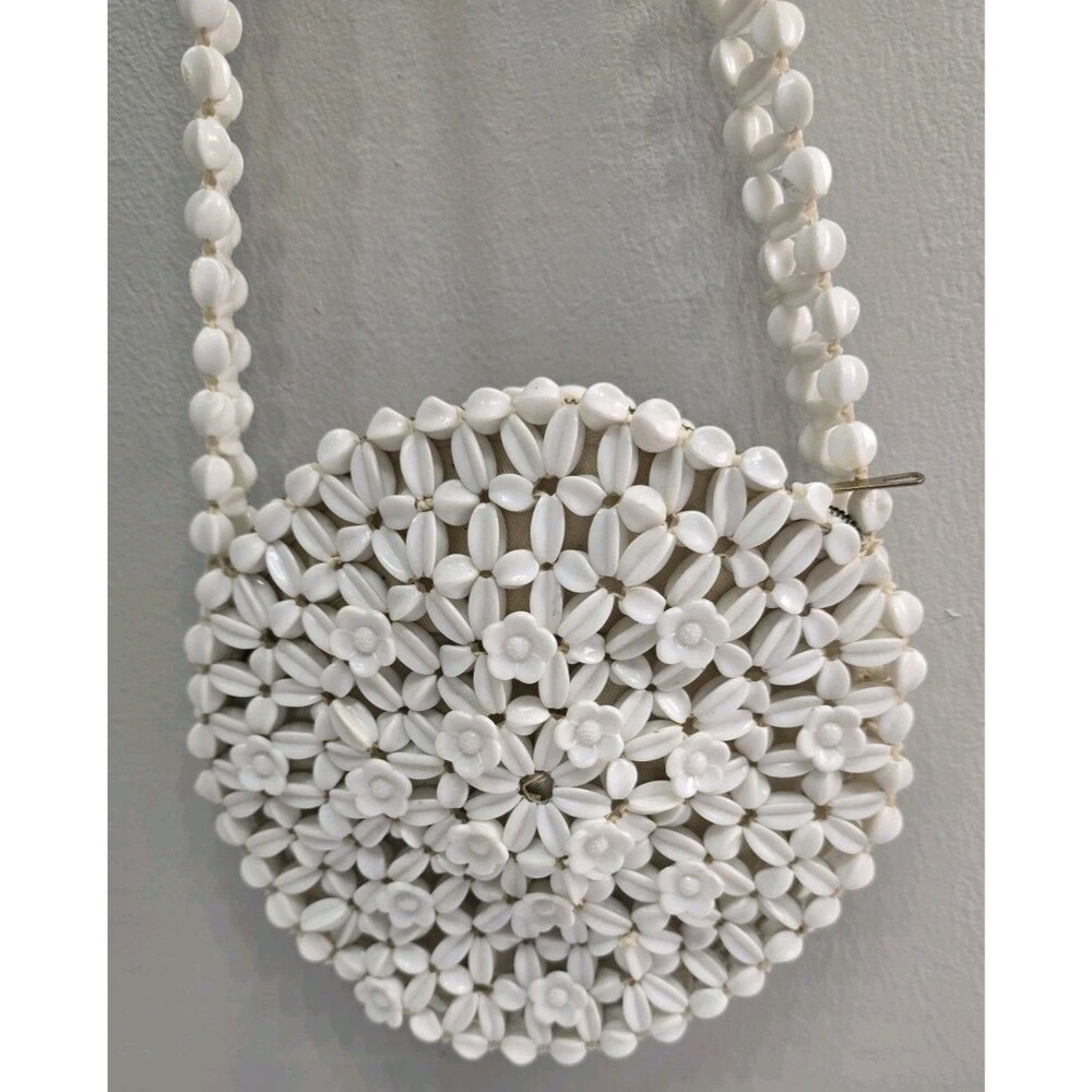 Lady Ellen Vintage White Beaded Purse Handbag White Flower Beads Round Bag Read